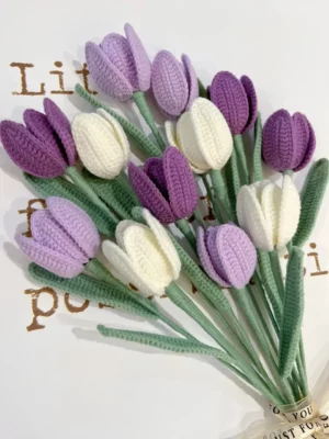 Crocheted tulip bouquet, purple and white.