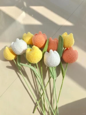 Crocheted tulip bouquet,  yellow, orange, white flowers.