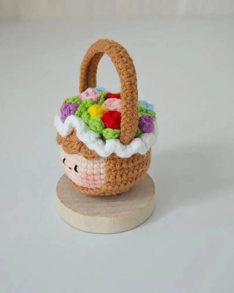 Crocheted flower basket, cute,  brown, colorful flowers.