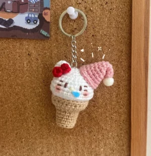 Crocheted ice cream cone keychain, Hello Kitty design.