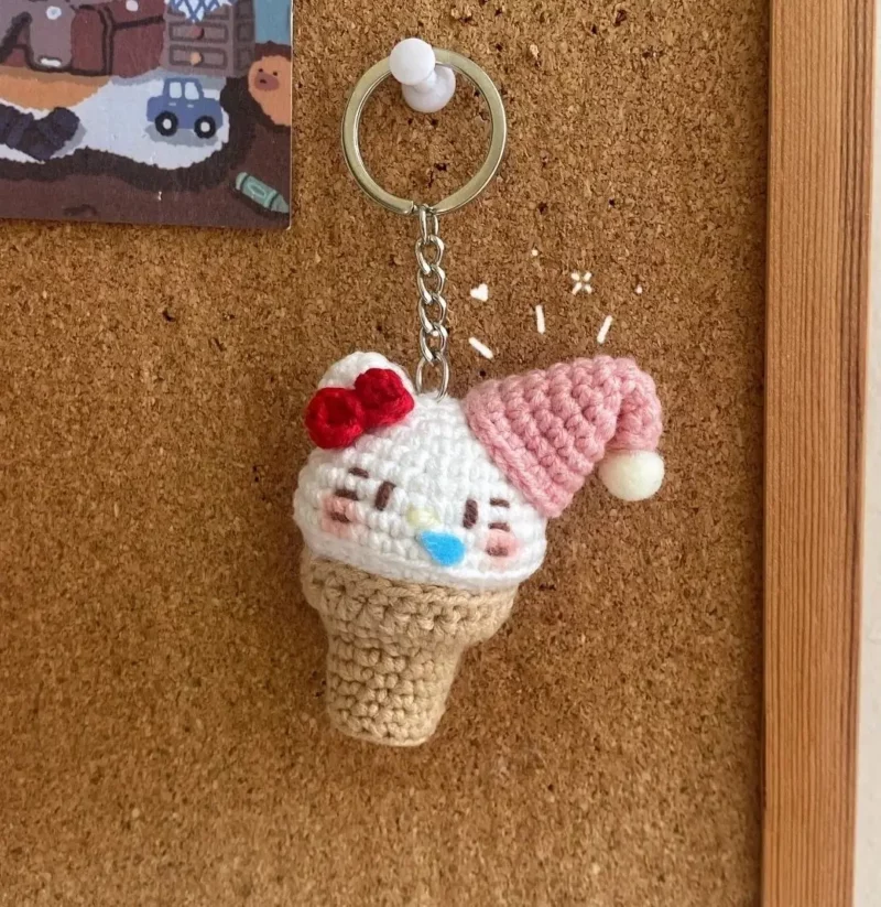 Crocheted ice cream cone keychain, Hello Kitty design.