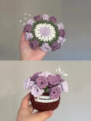 Crocheted flower pot & coaster,  purple,  lavender,  white flowers, handmade.