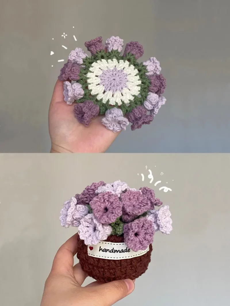 Crocheted flower pot & coaster,  purple,  lavender,  white flowers, handmade.