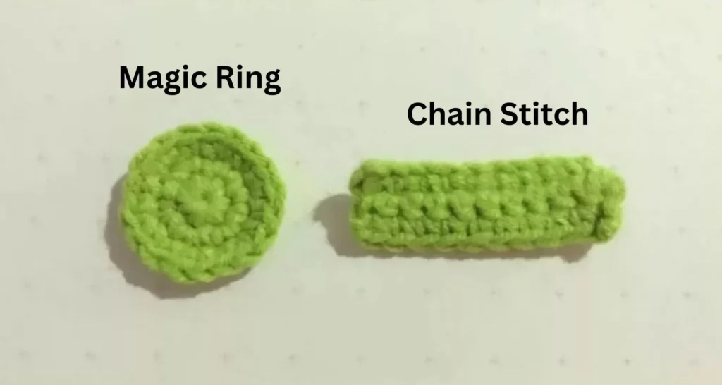 Crochet magic ring and chain stitch, lime green.