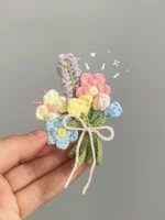 Crochet flower bouquet brooch, pastel colors.