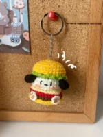 Crocheted dog keychain, hamburger design.