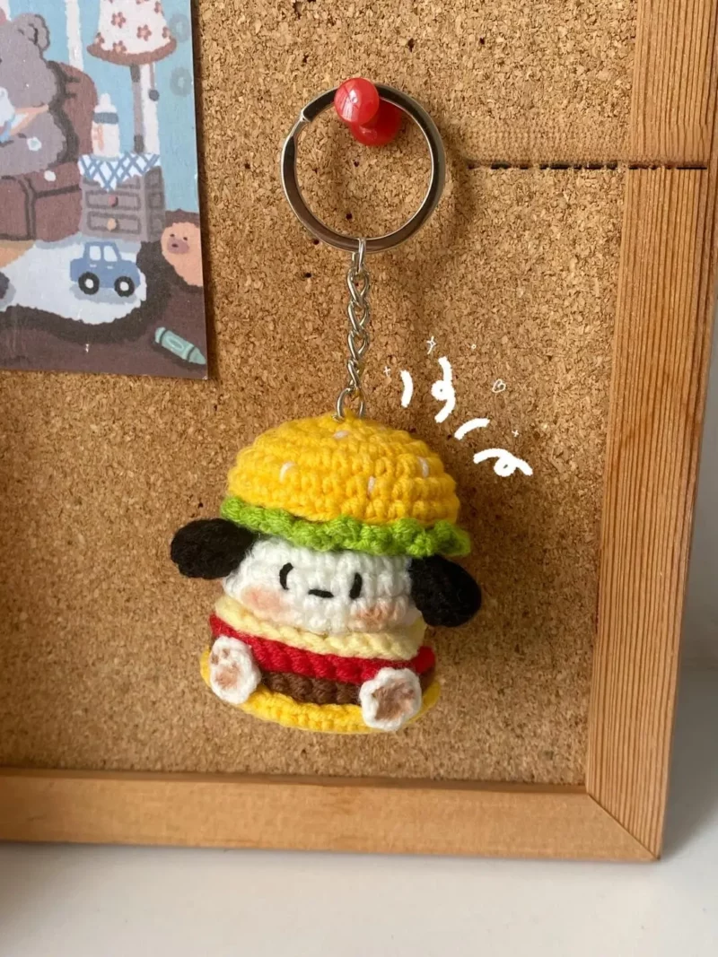 Crocheted dog keychain, hamburger design.