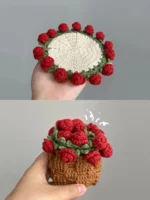 Crochet coasters, rose design, small pot of roses.