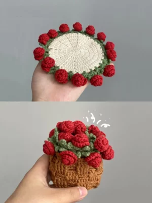 Crochet coasters, rose design, small pot of roses.