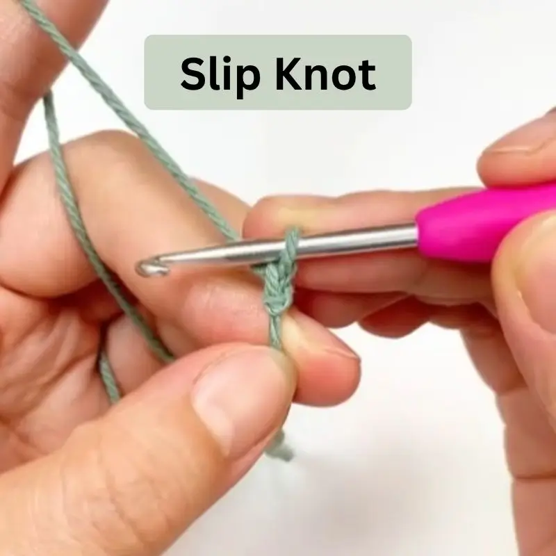 Slip knot crochet stitch, hands demonstrating technique.