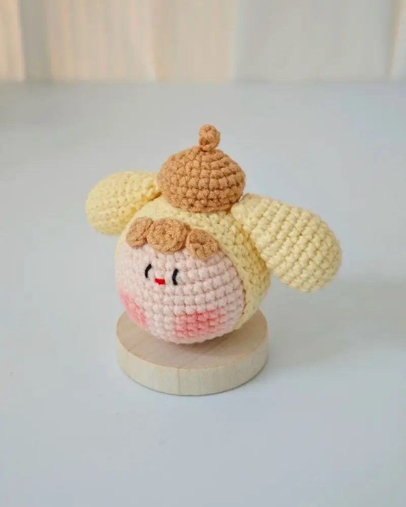 Crocheted kawaii doll, light yellow, beret.