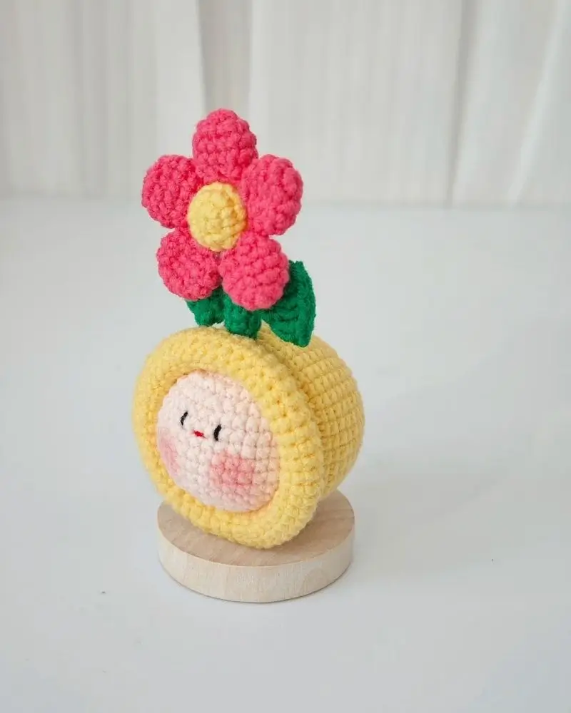Crocheted yellow flower pot, pink flower,  cute amigurumi.