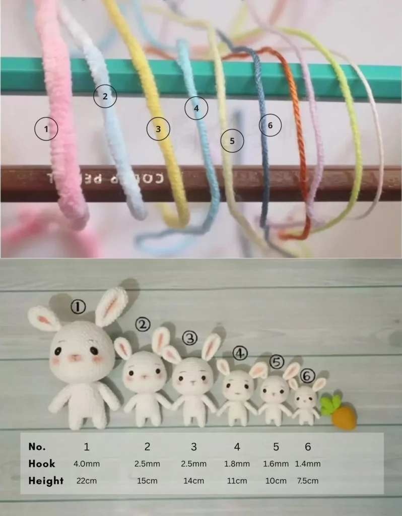 Crocheted rabbits in different sizes, various yarn colors, and hook sizes.
