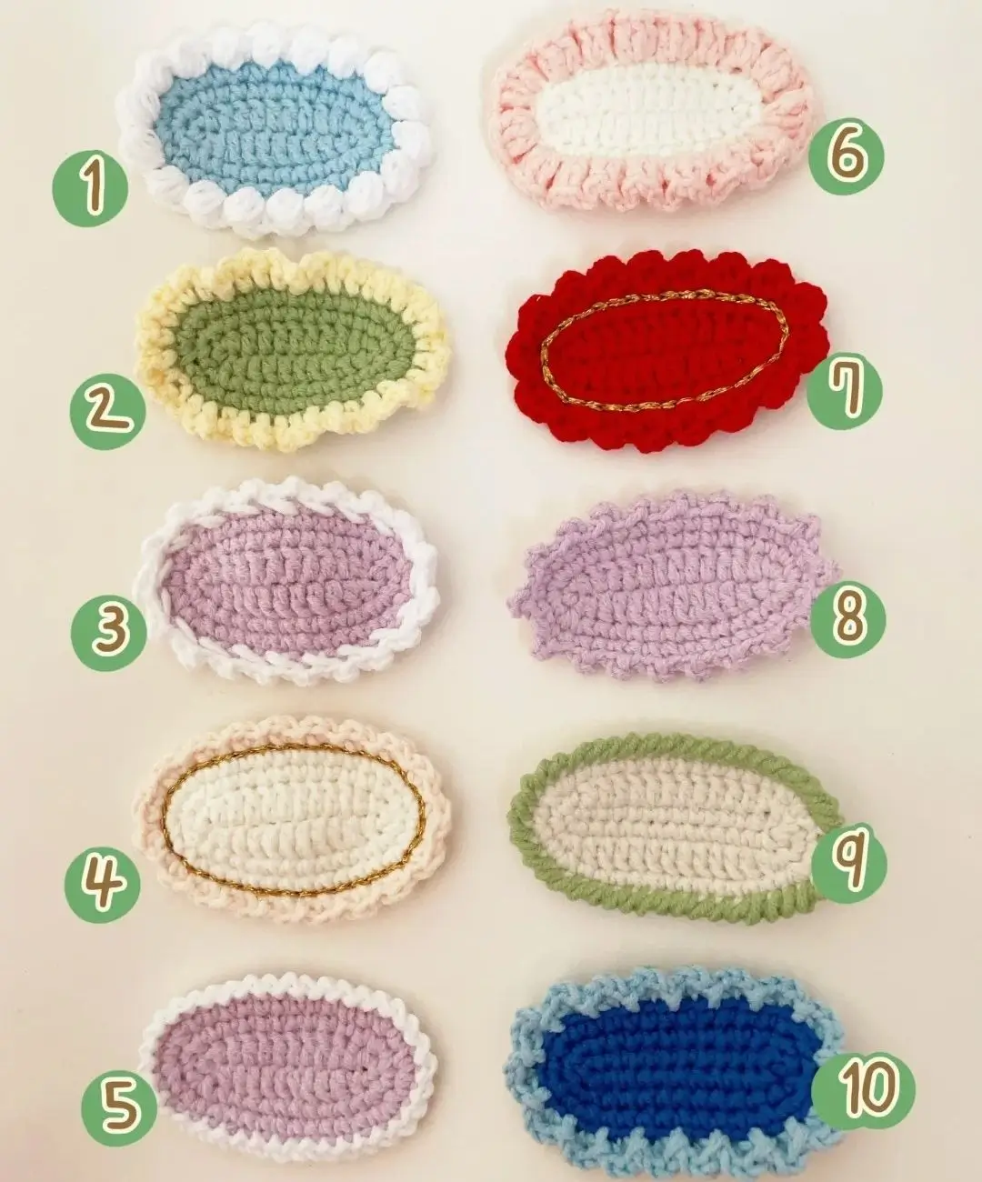 Crocheted oval hair clips in various colors.