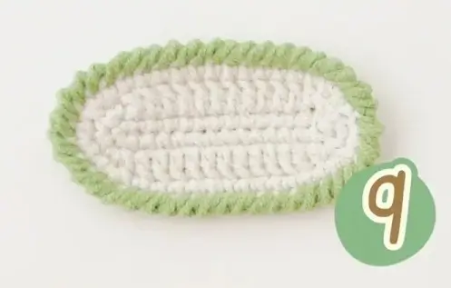 Crochet oval, light cream, green border, step 9.