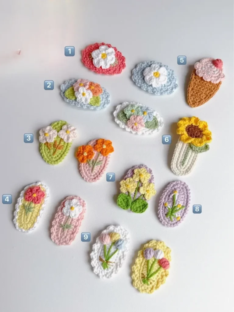 Crocheted flower hair clips in various colors.