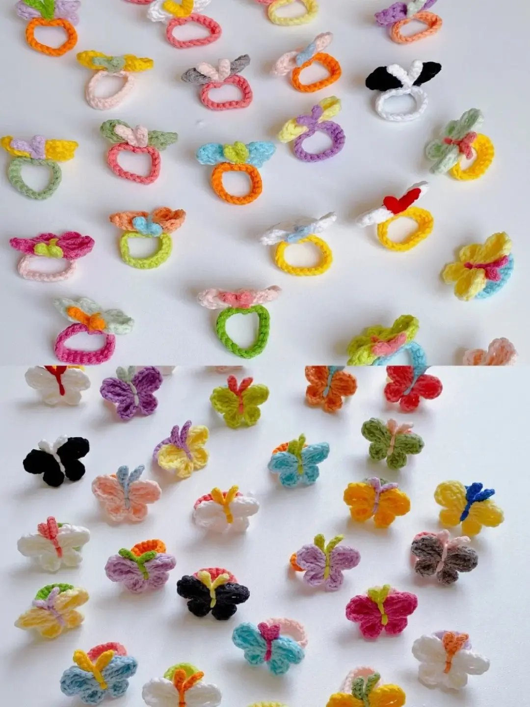 Crochet butterfly hair rings, various colors.