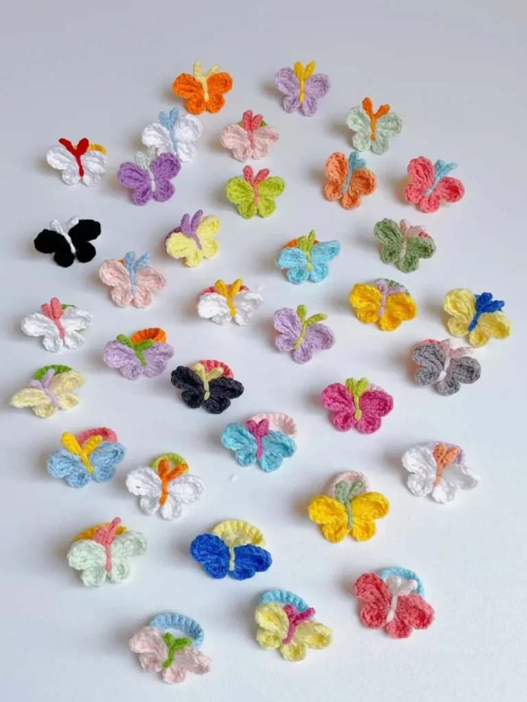 Crochet butterfly hair ties in various colors.