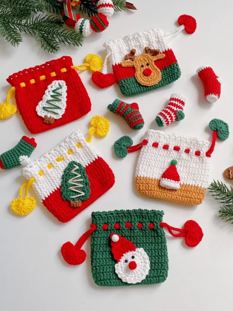 Christmas crochet bags, reindeer, tree, Santa.