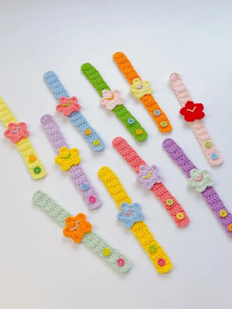 Colorful crocheted flower wristbands.