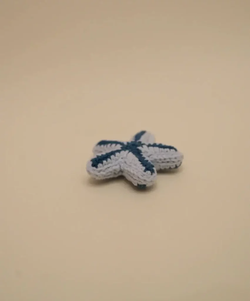 Crocheted light blue starfish with dark blue accents.