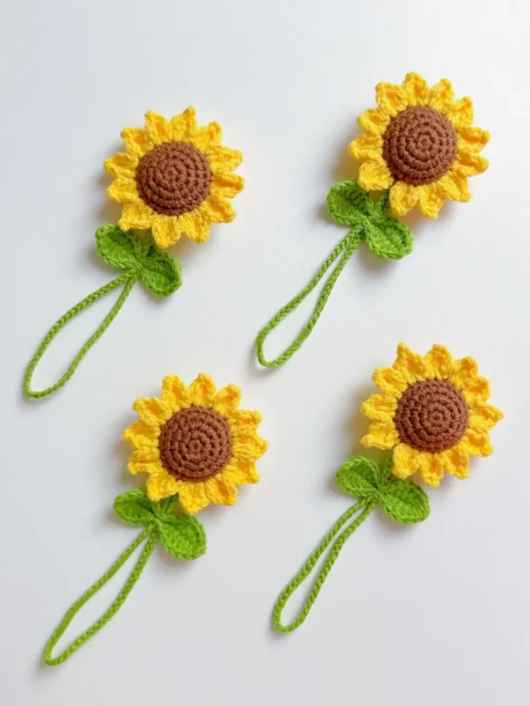Four crocheted sunflower decorations.