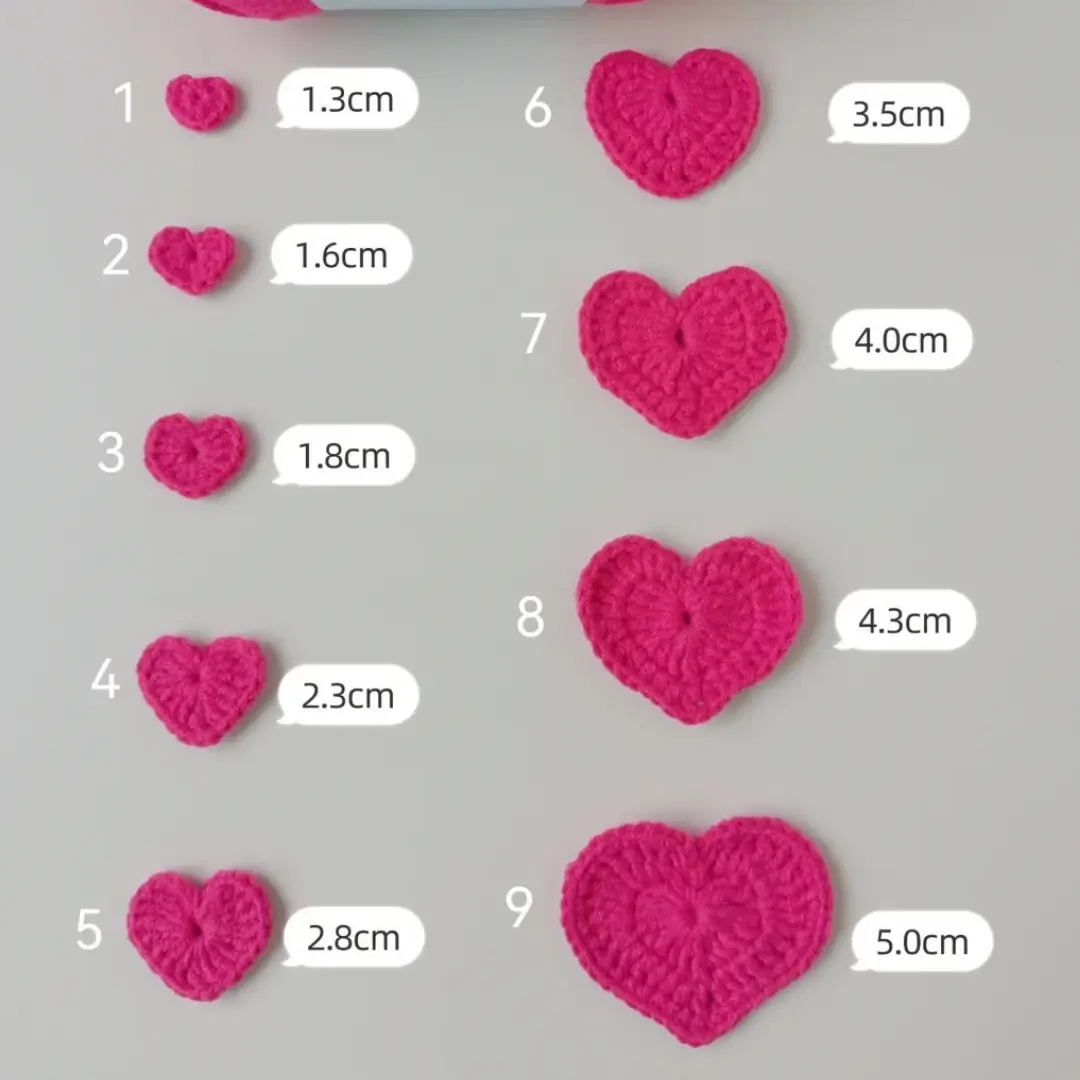 Crocheted hearts in varying sizes, 1.3cm to 5.0cm.
