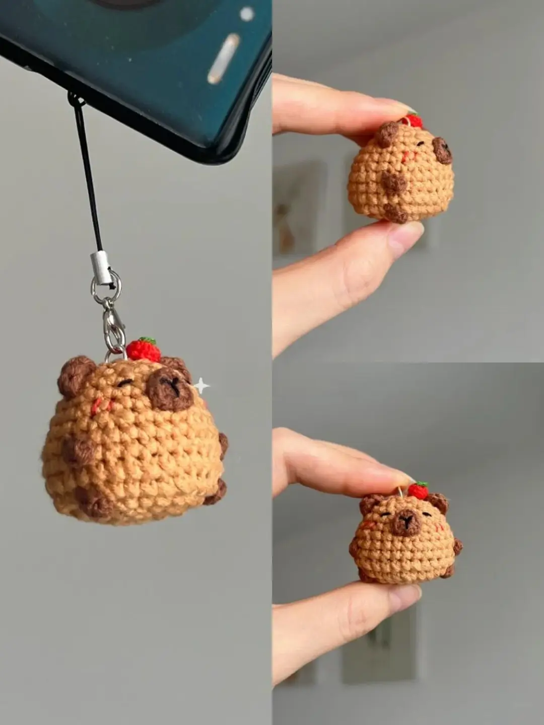 Crochet bear keychain,  cute,  light brown,  strawberries.