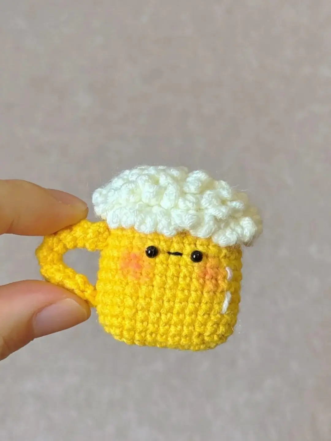 Crochet beer mug, yellow, white foam top, kawaii style.