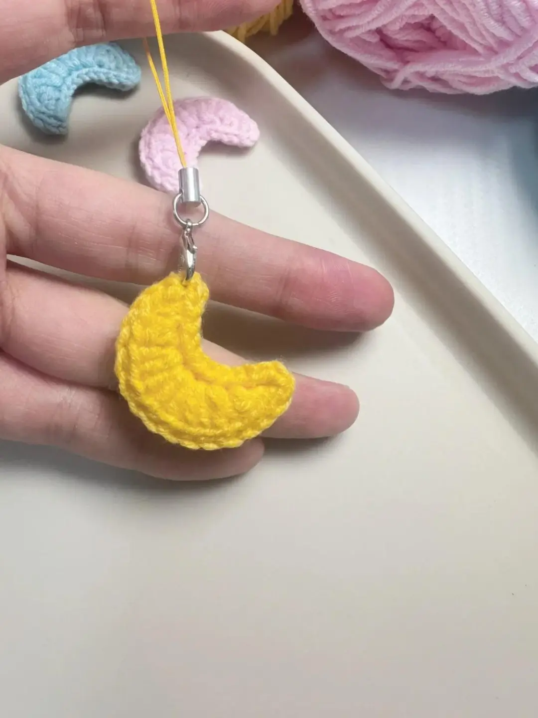 Crocheted yellow moon charm, keychain.