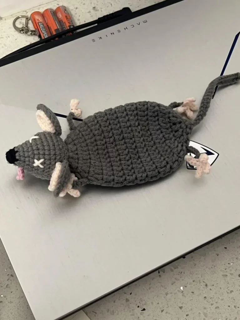 Gray crocheted mouse toy.