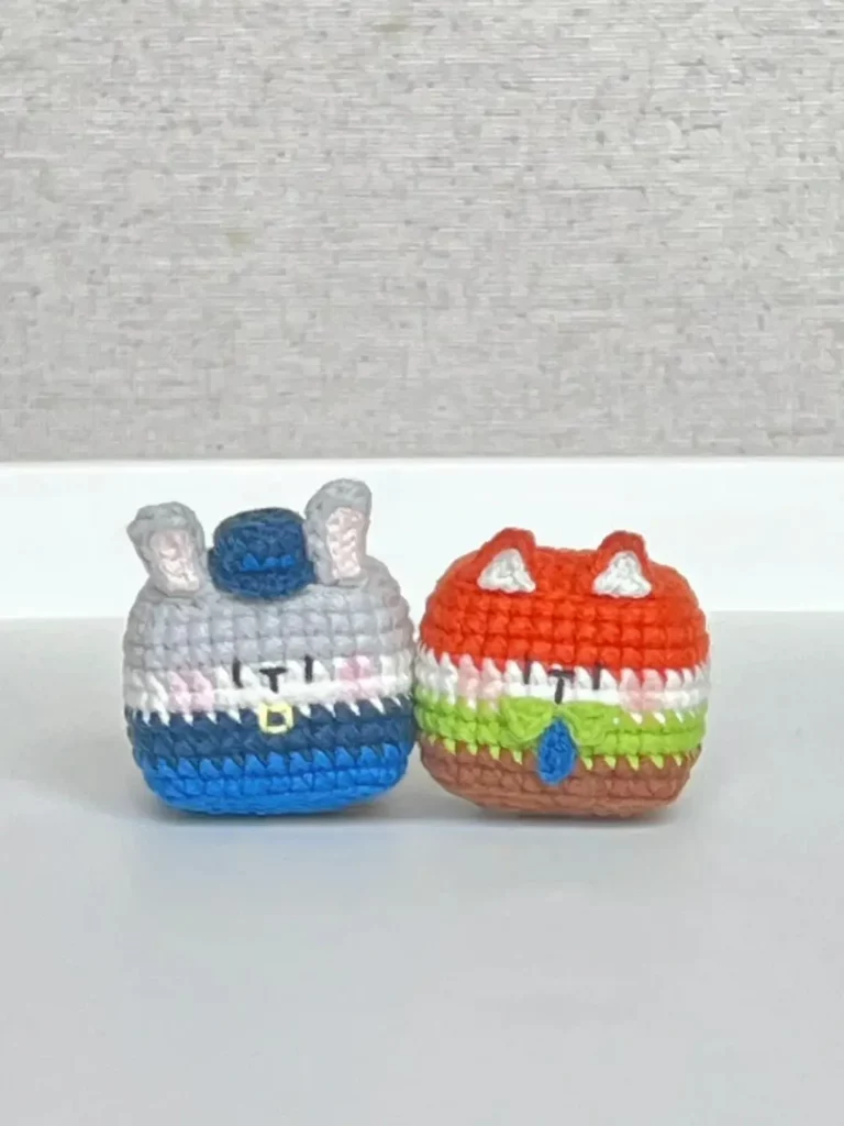 Crocheted bunny and fox amigurumi.