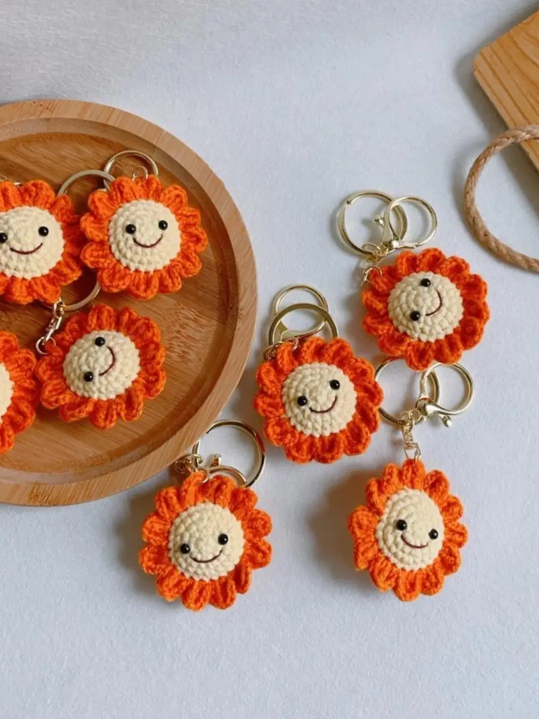 Handmade crochet sunflower keychains.